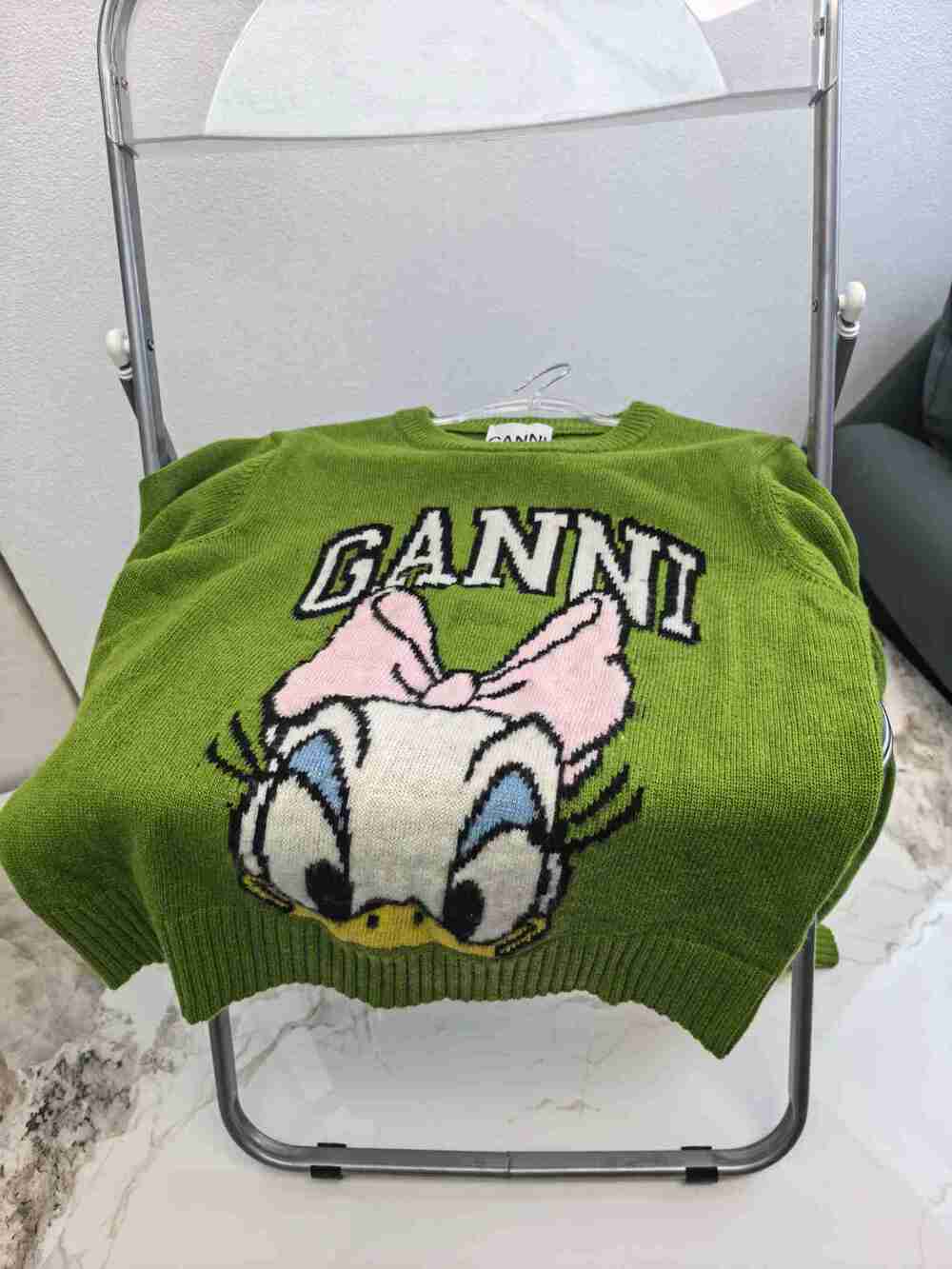 GANNI Crewneck Knitted Sweater Green Daisy Duck Cartoon Logo Cropped Top - Picture 3 of 6